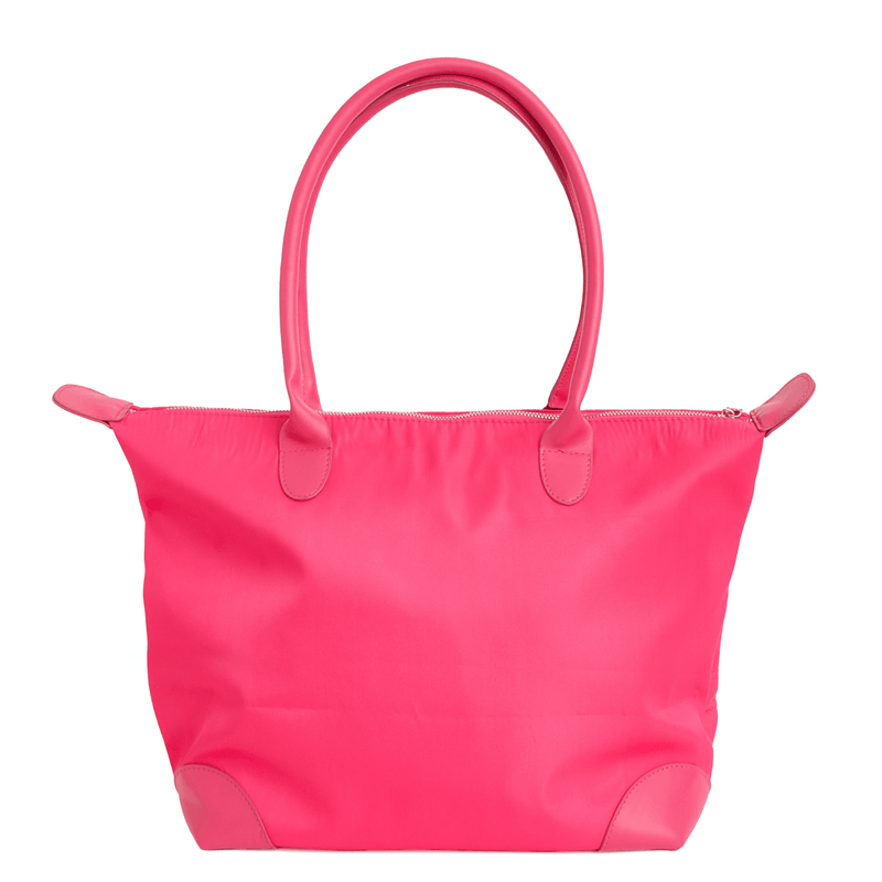 Hot pink tote bag with gold hardware, shown from the back on a white background