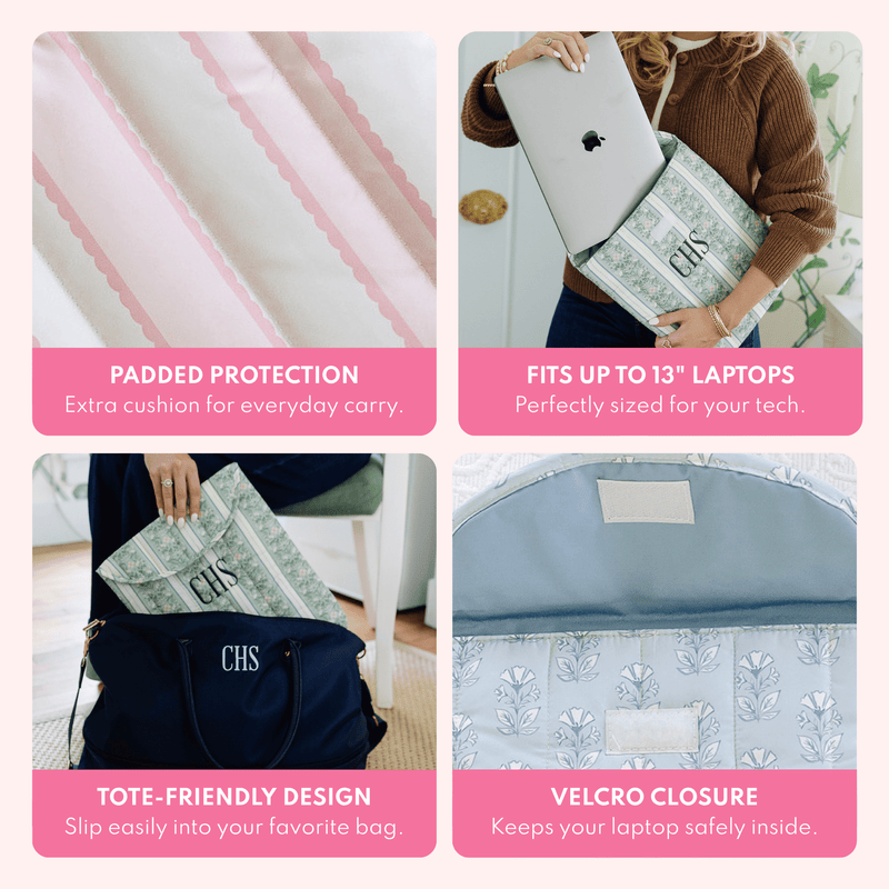 Close-up of pink scalloped stripe fabric, a woman holding a laptop and a matching sage green floral laptop pouch monogrammed 'CHS', the pouch slipped beside a monogrammed navy tote, and its open velcro closure lined in blue floral fabric, with text describing padded protection, fitting up to 13 inch laptops, a tote-friendly design, and velcro closure.