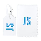 White set with blue monogram, personalized luggage tag & passport holder.