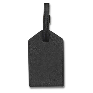 Black leather luggage tag with gold foil monogram, designed to personalize suitcases and travel bags.