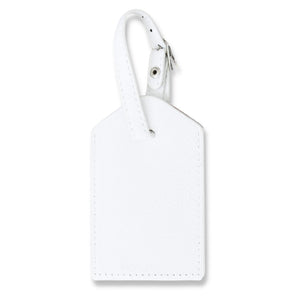 White leather luggage tag with gold foil monogram, designed for elegant and personalized travel accessories.
