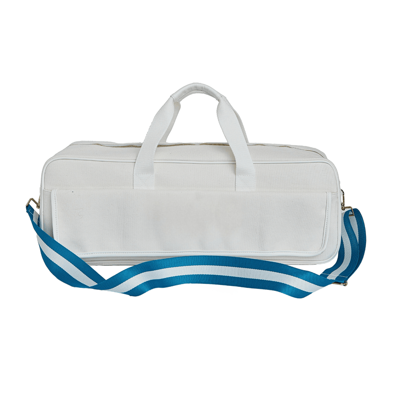 Blank white canvas mahjong carryall duffel with a blue and white striped strap, no monogram, on a white background