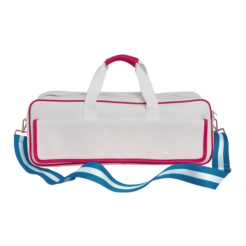 Blank white canvas mahjong carryall duffel with pink trim and a blue and white striped strap, no monogram, on a white background