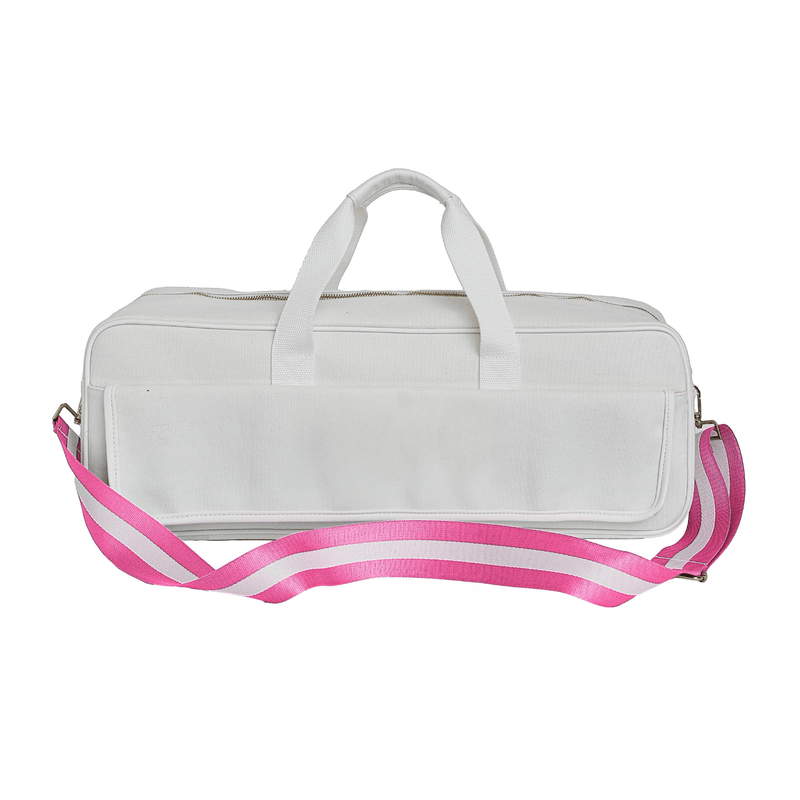 Blank white canvas mahjong carryall duffel with a pink and white striped strap, no monogram, on a white background