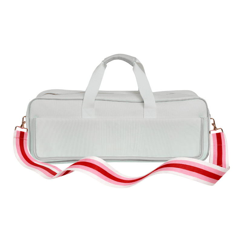 Blank white canvas mahjong carryall duffel with a pink and red striped strap, no monogram, on a white background