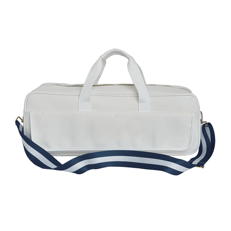 Blank white canvas mahjong carryall duffel with a navy and white striped strap, no monogram, on a white background