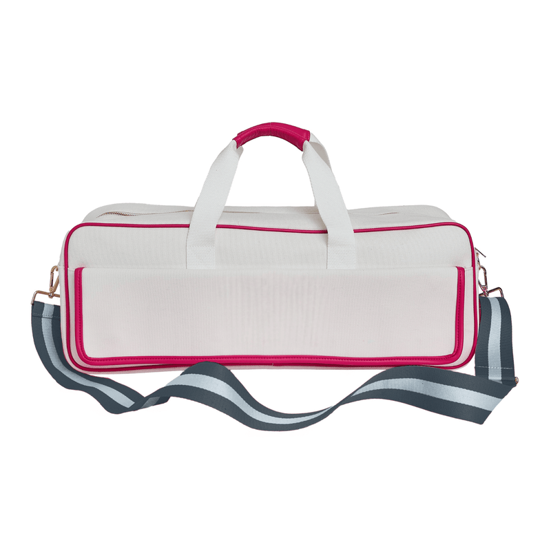 Blank white canvas mahjong carryall duffel with pink trim and a gray and white striped strap, no monogram, on a white background