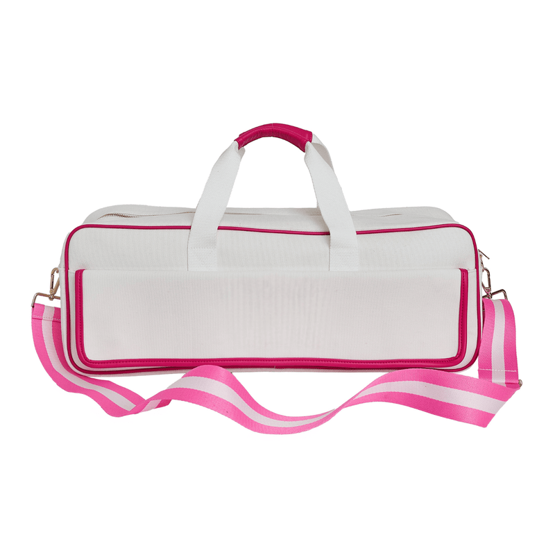 Blank white canvas mahjong carryall duffel with pink trim and a pink and white striped strap, no monogram, on a white background
