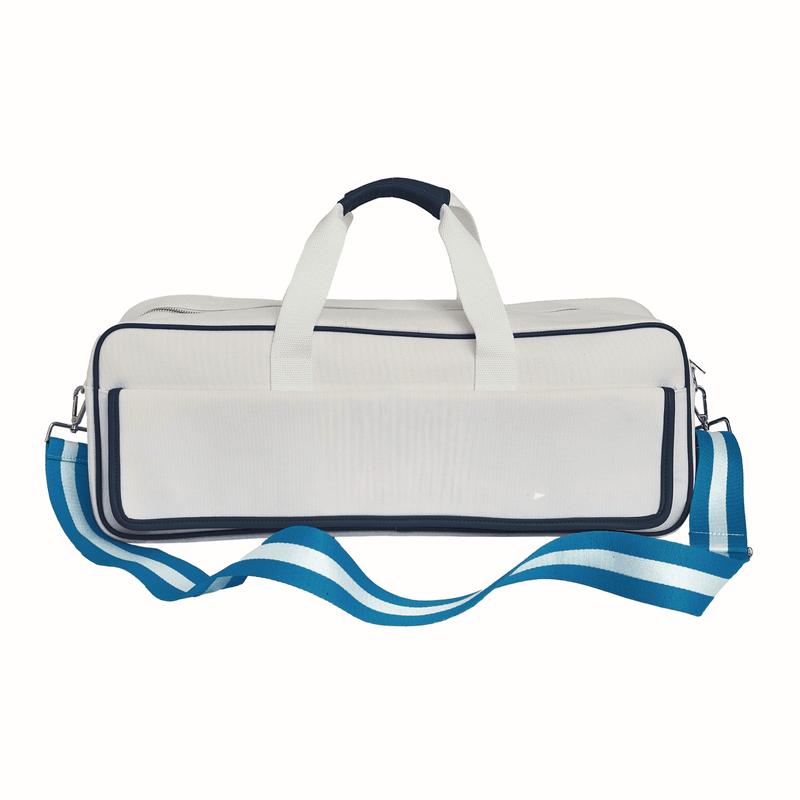 Blank white canvas mahjong carryall duffel with navy trim and a blue and white striped strap, no monogram, on a white background