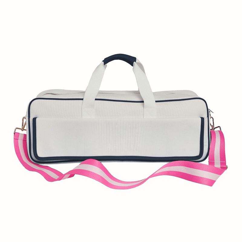 Blank white canvas mahjong carryall duffel with navy trim and a pink and white striped strap, no monogram, on a white background