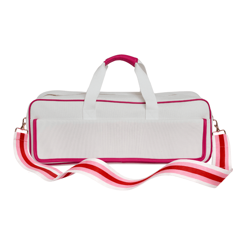 Blank white canvas mahjong carryall duffel with pink trim and a pink and red striped strap, no monogram, on a white background
