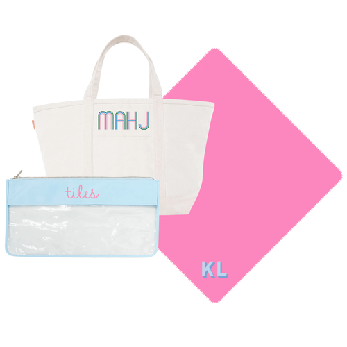 Personalized Mahjong essentials set from Sprinkled With Pink featuring custom tiles pouch and gifting accessories.