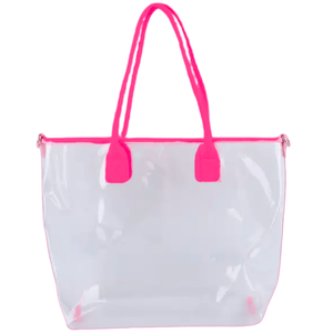 Monogrammed Clear Tote Bag featuring vibrant hot pink handles and trim, designed with a spacious transparent body ideal for beach days, poolside lounging, or game-day outings—perfect for customizing with your initials for a stylish and functional carryall.