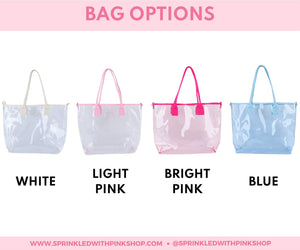 A graphic showing the clear tote color options that can be used to customize a product!