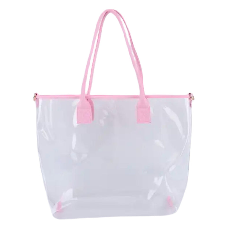 Clear vinyl tote bag with monogram personalization and roomy interior