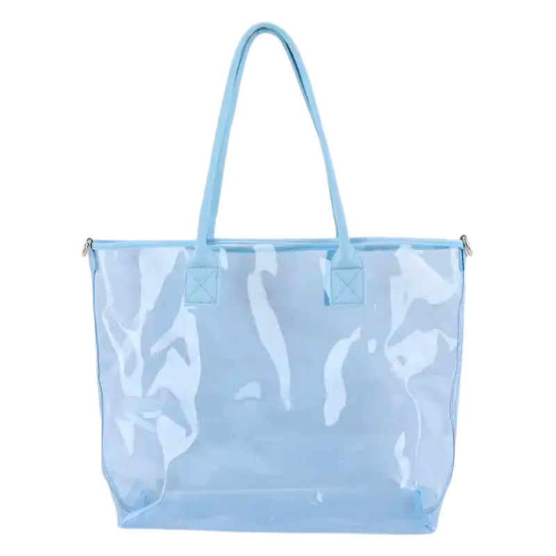 Clear monogrammed tote bag with structured shape and durable handles