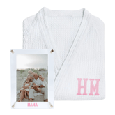 Mother’s Day gift bundle with waffle knit robe and acrylic frame.