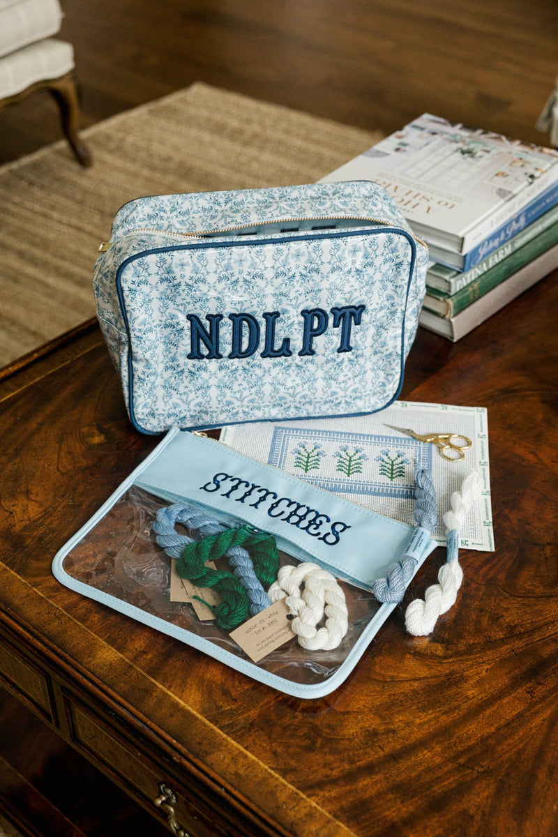 Needlepoint XL Project Pouch with tools and stitching supplies, designed for easy organization.
