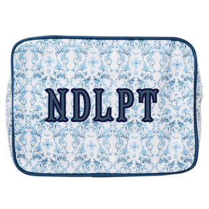 Needlepoint XL Project Pouch in blue, custom monogram craft bag for makers.