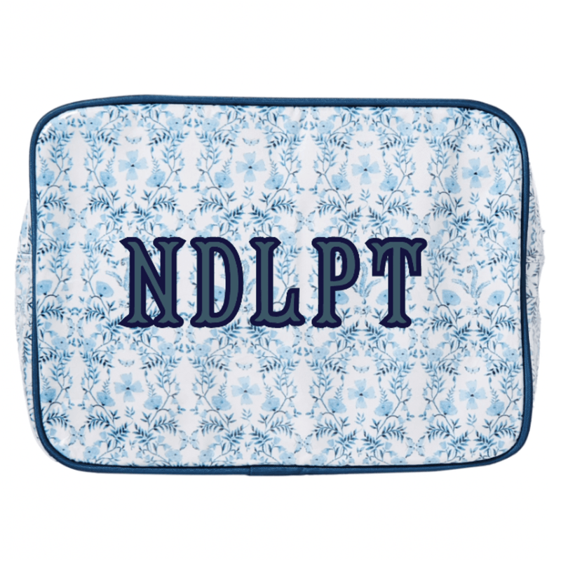 Needlepoint XL Project Pouch in blue, custom monogram craft bag for makers.