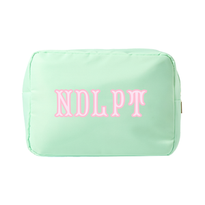 Mint needlepoint XL project pouch with embroidered lettering and secure zip closure.