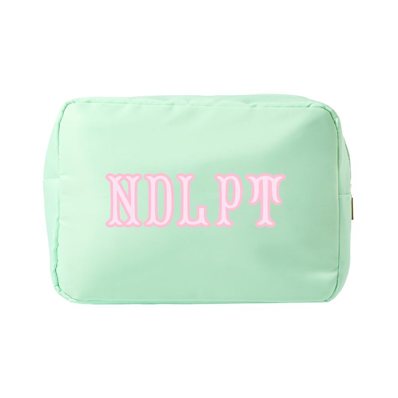 Mint needlepoint XL project pouch with embroidered lettering and secure zip closure.