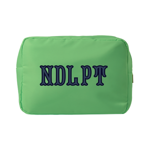 Green needlepoint XL project pouch with embroidered detail, perfect for travel or needlepoint projects.