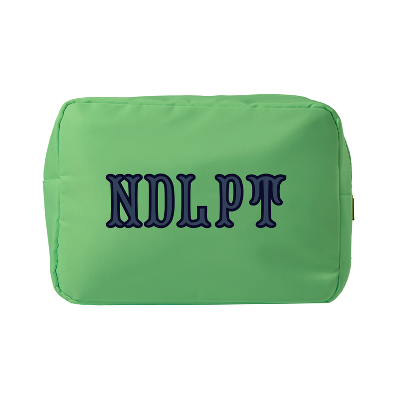 Green needlepoint XL project pouch with embroidered detail, perfect for travel or needlepoint projects.