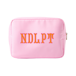 Pink needlepoint XL project pouch with stitched text and roomy interior for crafts and essentials.