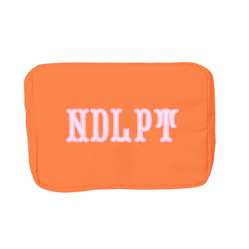 Orange needlepoint XL project pouch with bold stitched lettering and durable zipper.