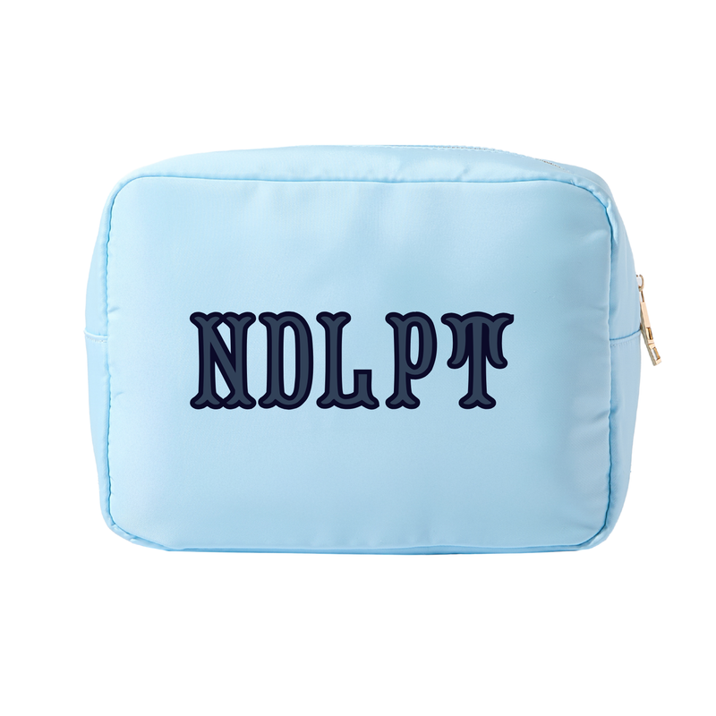Light blue needlepoint XL project pouch with stitched design and durable zipper for organized storage.