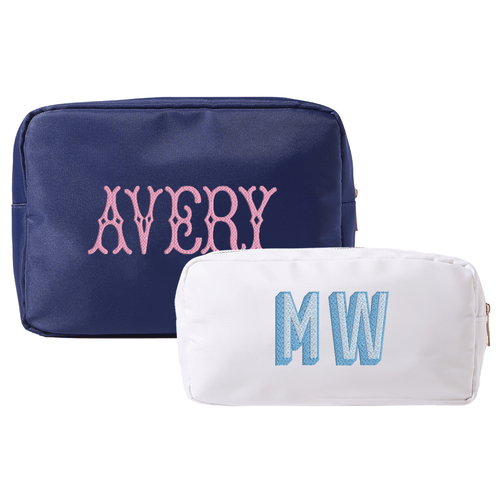 Navy nylon pouch with embroidered initials and custom color accents by Sprinkled With Pink