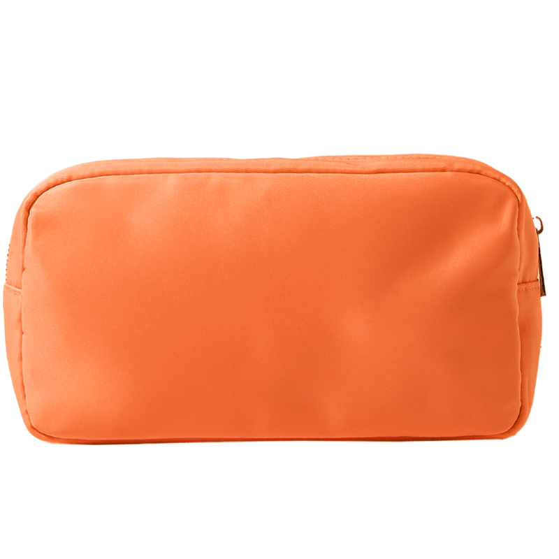 Personalized nylon pouch with applique design in vibrant orange, custom travel gift from Sprinkled With Pink