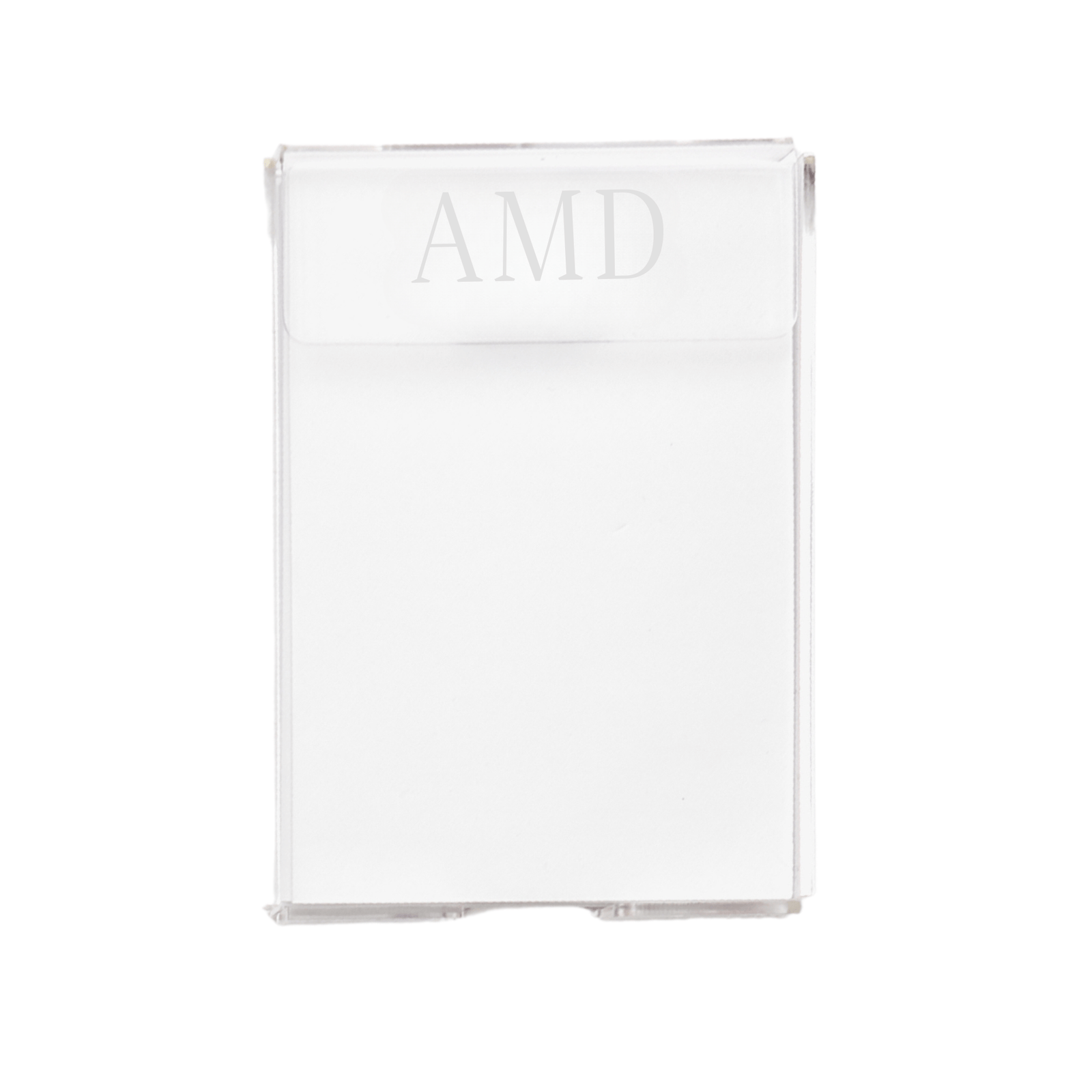 A stylish and functional personalized acrylic notepad holder monogrammed with 'AMD,' designed for a sleek and organized workspace. The clear, modern design effortlessly blends with any office or home décor, making it a perfect gift or desk accessory. Pair it with other custom office essentials for a cohesive set.