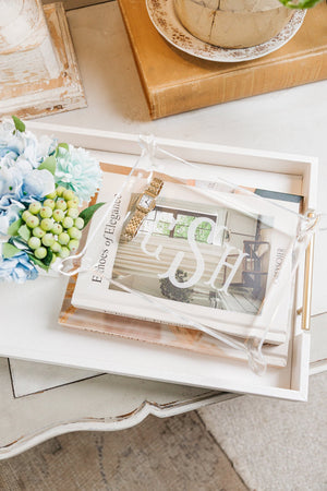 Acrylic tray personalized with custom lettering, great for entertaining, gifting, or countertop styling.