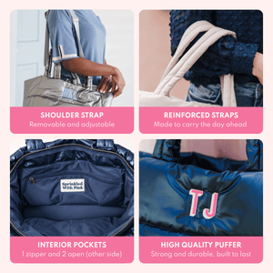 Close-up of a puffer tote worn on the shoulder monogrammed 'HKL', reinforced straps held in hand, a navy interior with zippered pocket and 'Sprinkled With Pink' label, and a navy puffer tote monogrammed 'TJ' in pink and white, with text describing the removable adjustable shoulder strap, reinforced straps, interior pockets, and high quality puffer construction.