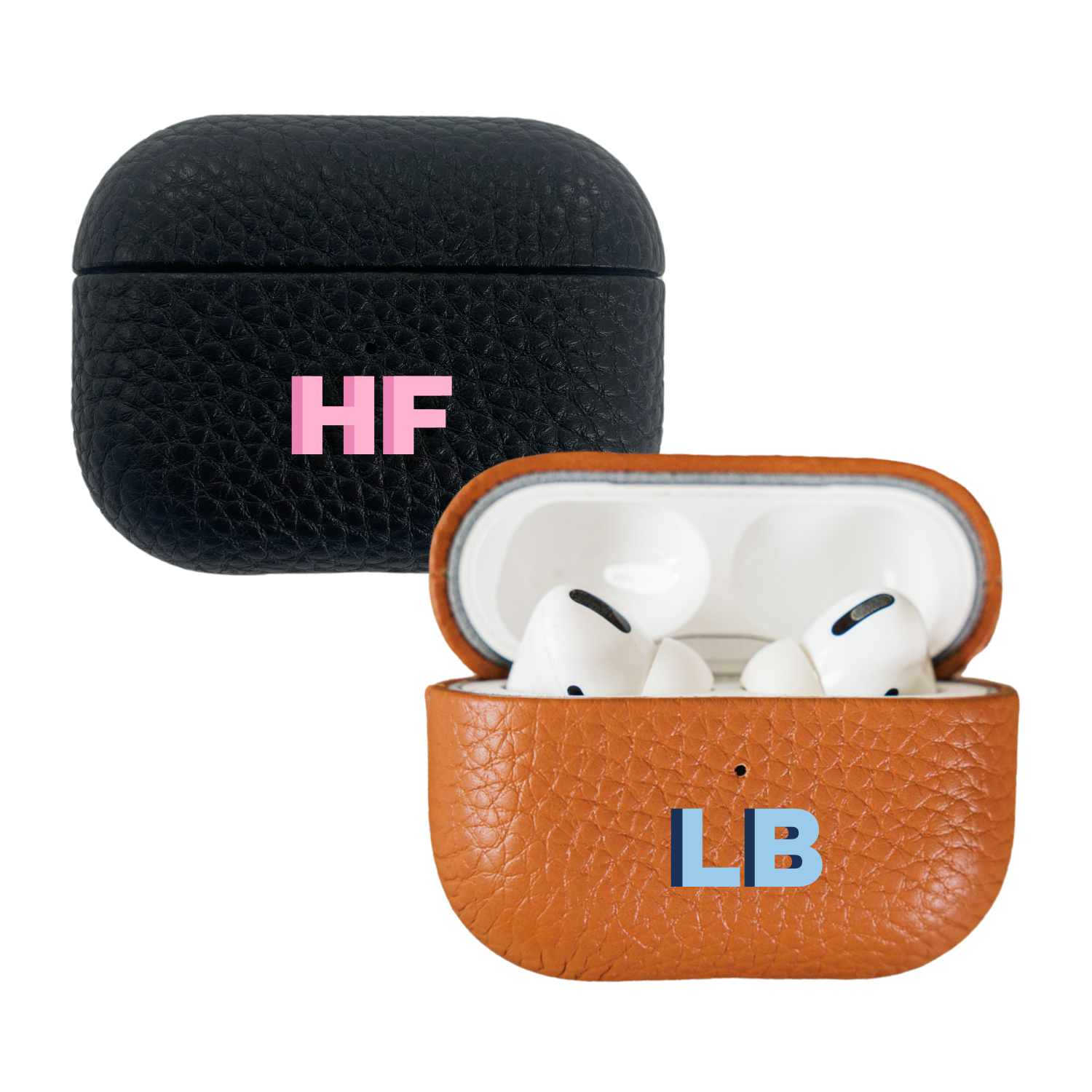 A stylish set of personalized leather AirPods cases in black and tan, designed for sleek and functional protection. The black case, featuring the initials "HF" in pink, provides a classic and sophisticated look, while the tan case, embossed with "LB" in blue, offers a warm and timeless feel. The tan case is shown open, revealing a pair of AirPods inside. These monogrammed cases are part of a coordinated travel accessories collection, perfect for gifting or adding a personalized touch to everyday tech essent