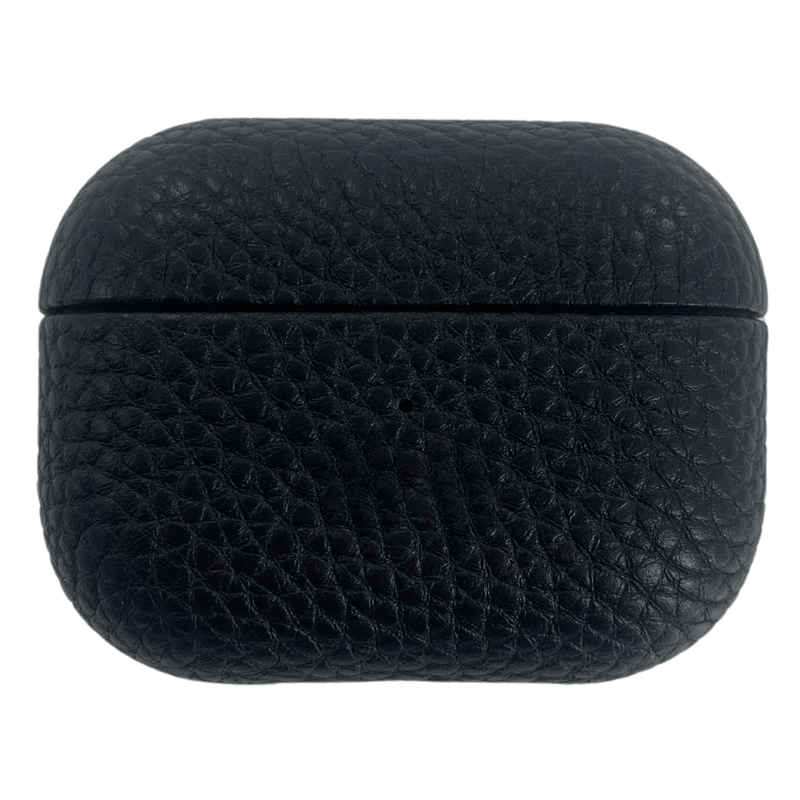 A sophisticated black leather AirPods case with a textured finish, part of a personalized monogrammed travel accessories set. This sleek and durable case adds a refined touch to tech essentials, perfectly complementing a cohesive travel collection designed for both style and function.