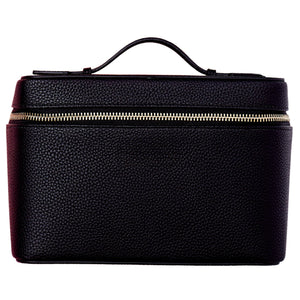 Black leather train case featuring a shadow monogram, ideal for travel and organization.