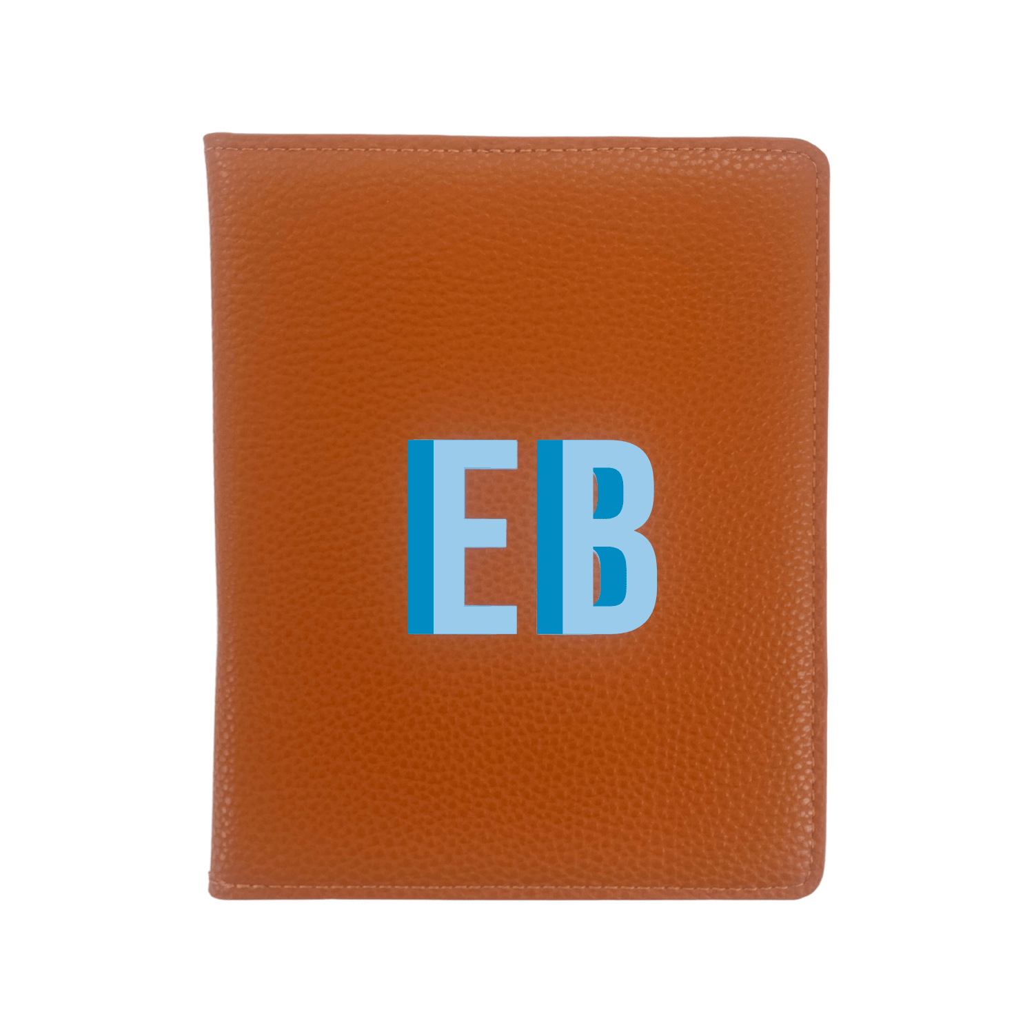 A luxurious tan leather passport holder personalized with the initials 'EB' in bold blue font. This elegant travel essential is part of a coordinated travel set, perfect for organized and stylish jet-setters. The premium pebbled leather texture adds a sophisticated touch, making it a must-have for frequent travelers who love a personal touch in their accessories.