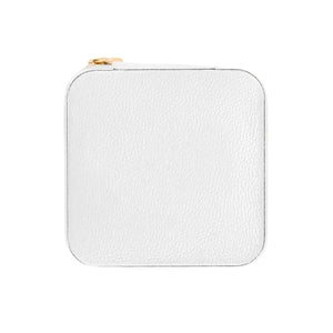 White travel jewelry case with shadow monogram, minimalist personalized organizer.