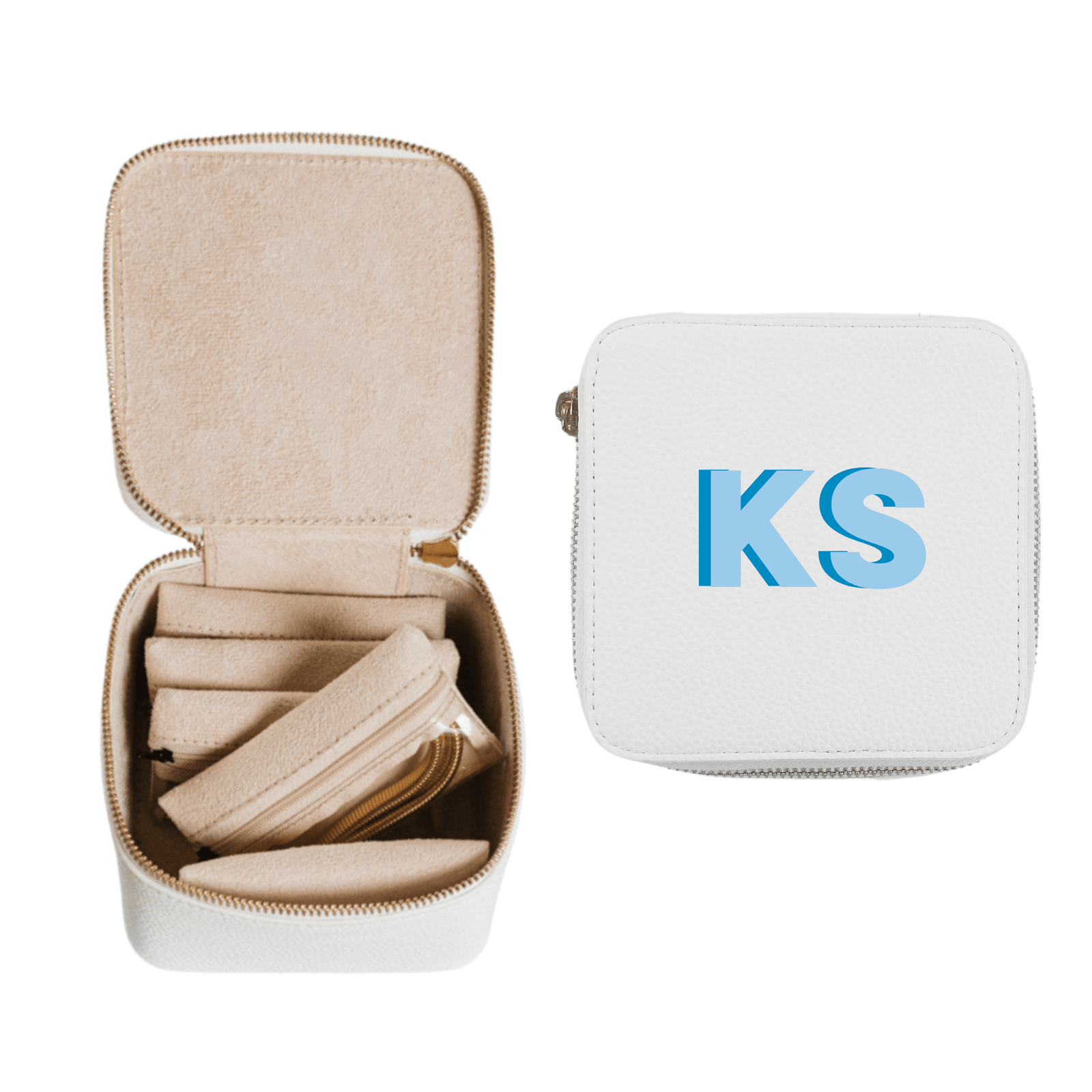 A stylish and functional personalized jewelry travel case set in white, featuring a compact square design with initials "KS" in blue on the exterior. One case is closed, showcasing its sleek and durable outer shell, while the other is open, revealing a soft beige interior with multiple compartments and zippered pouches for secure and organized storage of rings, earrings, necklaces, and other accessories. This elegant set is perfect for keeping jewelry safe and tangle-free while traveling.