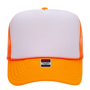 Orange and white trucker hat with shadow monogram embroidery, adjustable snapback hat for everyday wear.
