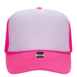 Pink and white trucker hat featuring shadow monogram embroidery, lightweight mesh snapback cap.