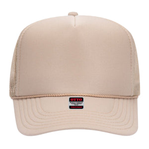 Neutral beige trucker hat with shadow monogram embroidery, classic adjustable snapback style.