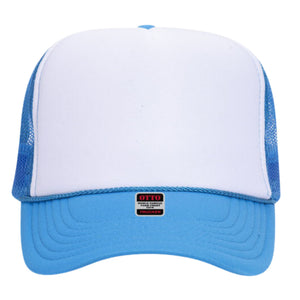 Blue and white trucker hat featuring shadow monogram embroidery, breathable mesh snapback cap.