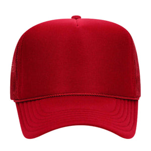 Red shadow monogram trucker hat featuring personalized embroidery