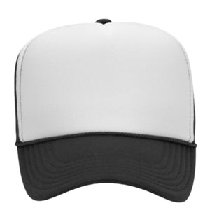 Black and white trucker hat with shadow monogram embroidery, adjustable snapback baseball cap.