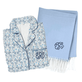 Blue floral pajamas and matching Monogrammed Blanket/Pajama Bundle with embroidered initials.
