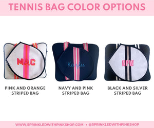 A graphic that shows the different color options that can be used to personalize a tennis bag